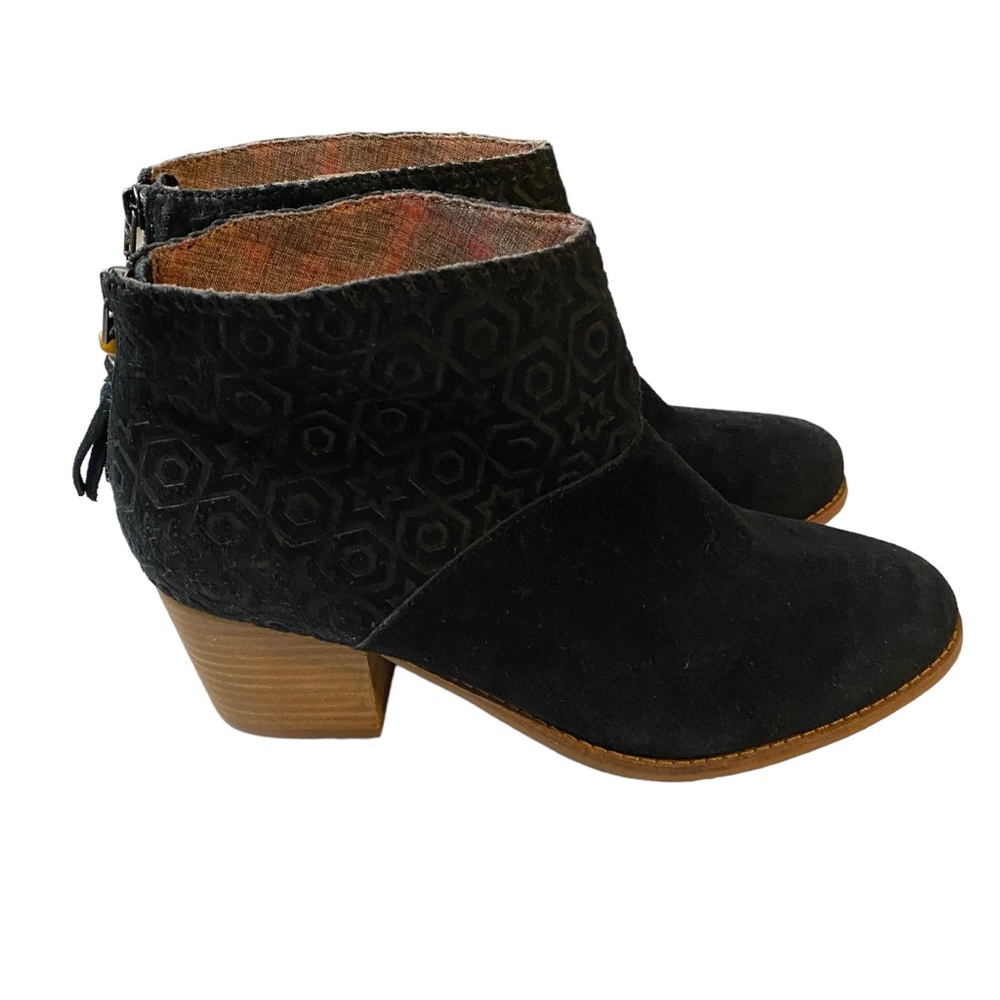 TOMS Women Leila Ankle Boot Size 9.5 Black Suede Embossed Stars Block Heel Comfy